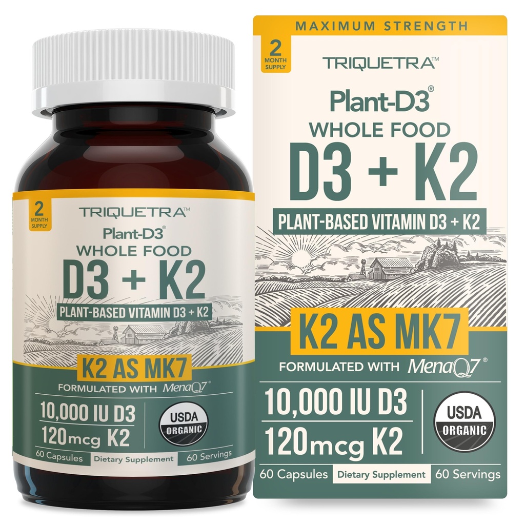 Organic Plant D3 + K2 | 10000 IU D3 + 120 mcg K2 come All-Trans MK7 da MenaQ7® - 100% Whole Food, Raw & Vegan | Digestione potenziata con Prebiotic & Superfood Complex – D3 da Organic Algae (60 Count)