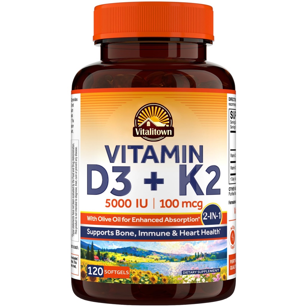 Vitalitown Vitamina D3 K2 Supplemento, D3 5000 IU, Vitamina K2 MK-7 100 mcg, Non OGM, No Gluten & Soy, per Bone, Teeth, Immune & Heart Health, 120 Softgels