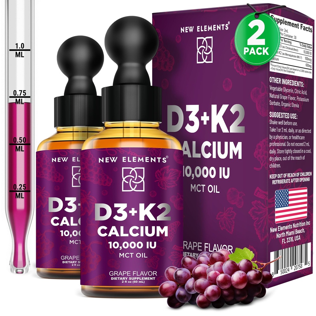 Nuovi elementi [2 Pack] Liquid Vitamin D3 K2 Drops with Calcium for Adults | Vitamina D3 10.000 IU | D3 K2 con calcio per la salute e l'immunità | Joint Health Supplement | Non-GMO | Vegan
