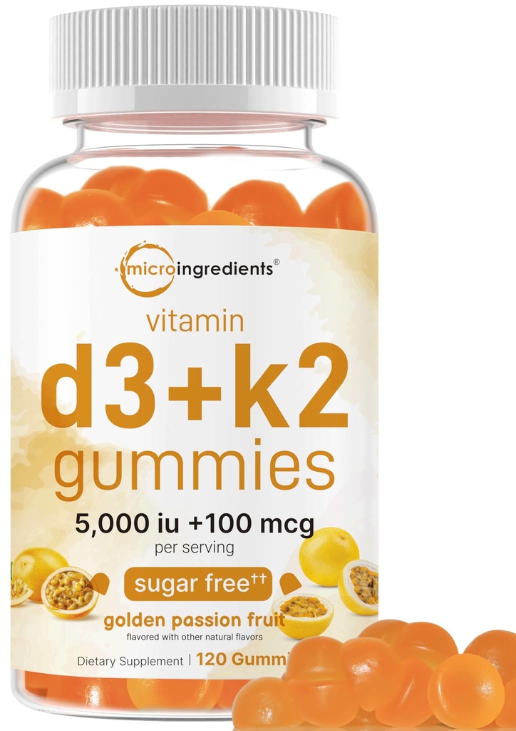 Micro Ingredienti Vitamina D3 K2 Gummies, 120 Count | 5.000 IU Vitamina D + 100 mcg K2 MK-7 | Bone, Immune & Heart Health Supplements* | Zucchero Free Golden Passion Fruit Flavor | Non OGM, Gluten Free