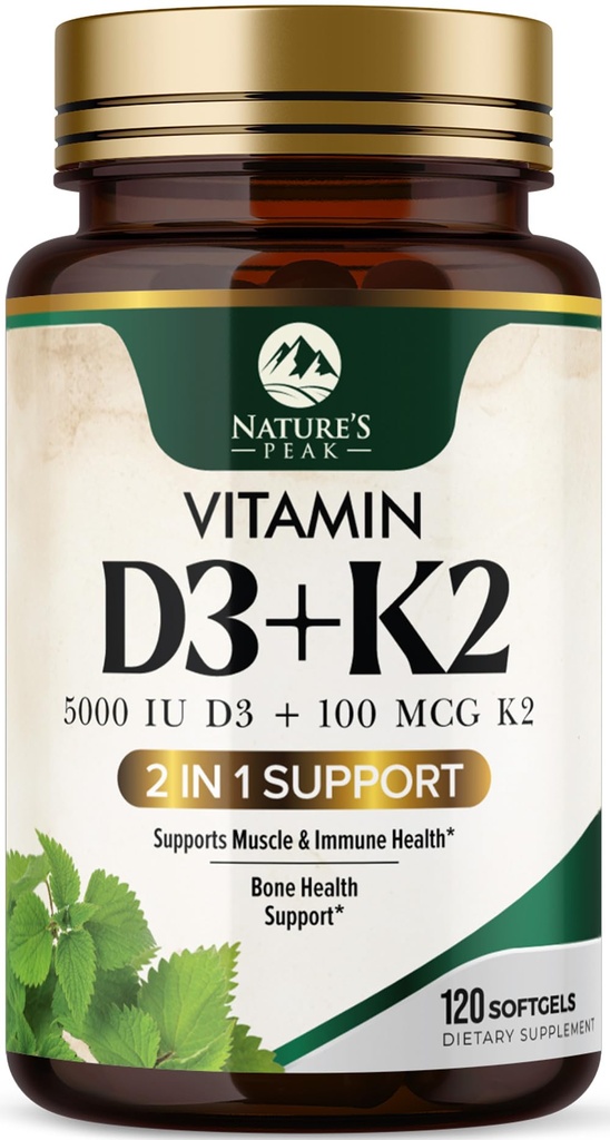 Vitamina D3 K2 - Vitamina D3 5000 IU Per Softgel - Supplemento vitamina D3 ad alta potenza - Vitamina D e vitamina K2 2 in-1 (MK7) - Facile da ingoiare, Bone e supporto immunitario - Bottigliato USA - 120 Softgels