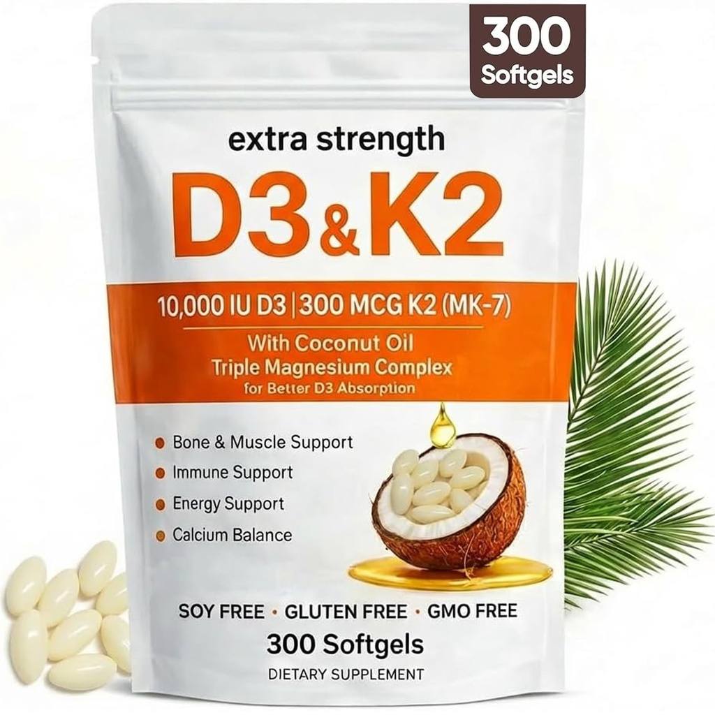 ELVERA Vitamina D3 K2 Magnesio Complesso, Extra Forza D3 & K2 con Triple Magnesium Softgels, D3 K2 Vitamina 10000 IU Softgels(1)