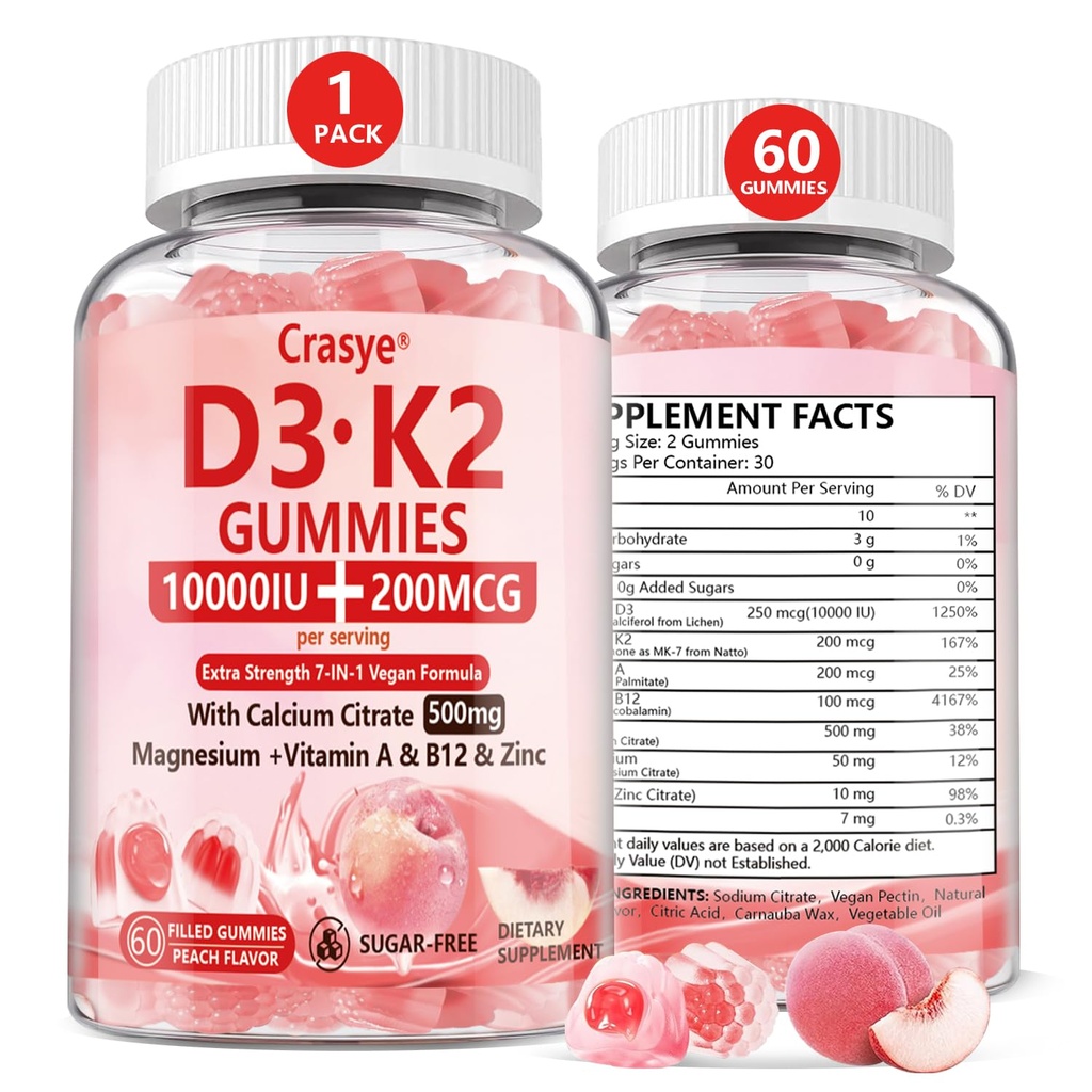 Vitamina D3 K2 Gummies 10000 IU con 500mg Calcio Magnesio Zinc Gummy Sugar Free ADK+Vitamin B12 Integratori per Donne e Uomini Bones, Muscoli, Denti Peach Flavor - 60 Gummies - 30 Serve