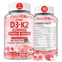 Vitamina D3 K2 Gummies 10000 IU con 500mg Calcio Magnesio Zinc Gummy Sugar Free ADK+Vitamin B12 Integratori per Donne e Uomini Bones, Muscoli, Denti Peach Flavor - 60 Gummies - 30 Serve