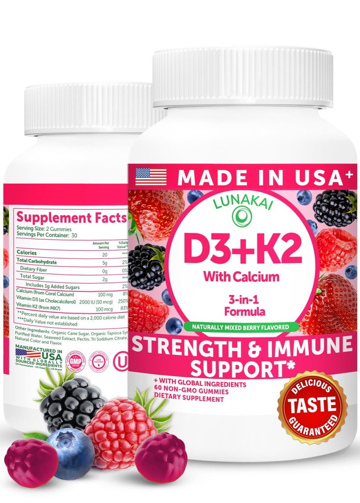 Lunakai USA ha fatto la vitamina D3 K2 Gummies con il calcio – supplemento vegano 3 in-1 per il sostegno Bone & Immune per le donne, uomini e bambini, 60ct