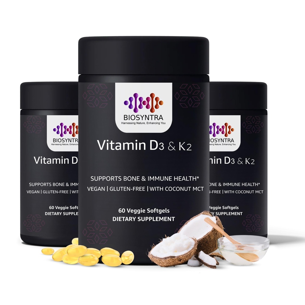 Vitamina D3+K2 con olio di cocco - Vitamina Vegan D 5000 IU & MK7 Vitamina K 110mcg per Bone, Supporto Cuore e Immune, Non OGM, Terze Parti Testata, Soia Free, Alta Assorbimento 60 Softgel Veggie