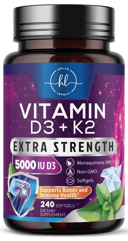 Vitamina D con K2 (MK-7) - Vitamina D3 5000IU (125mcg) Per Serve - D3K2 supplemento complesso per ossa, denti, muscolo, assorbimento di calcio, supporto immunitario e salute del cuore - Bottigliato negli Stati Uniti - 240 Softgels