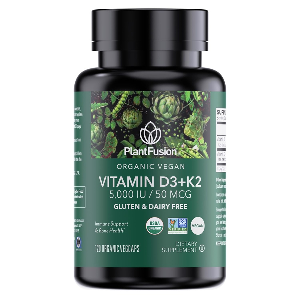 PlantFusion Organic Vegan Vitamin D3 + K2 5000 IU, 50MCG – Vitamina D Sorgente da Licenziana a base vegetale e Vitamina K2, per il supporto immunitario e la salute del chiodo - 120 capsule
