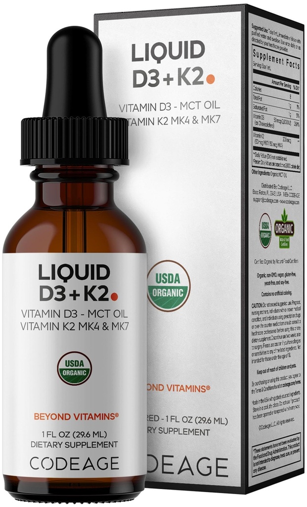 Liquido di codifica D3+K2 Vitamine USDA Organic - Vitamina D3 2000 IU, Vitamina K2 (MK4 & MK7) Gocce liquide - Supporto immunitario - Non aromatizzato - Organic MCT Olio - Non OGM - 1 fl oz