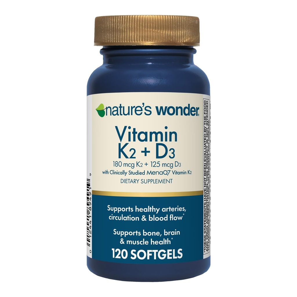 Natura Wonder Vitamin K2 + D3 con MenaQ7 per cardiovascolare, cervello, ossa e salute del muscolo, 120 Softgels, 120 giorni di alimentazione