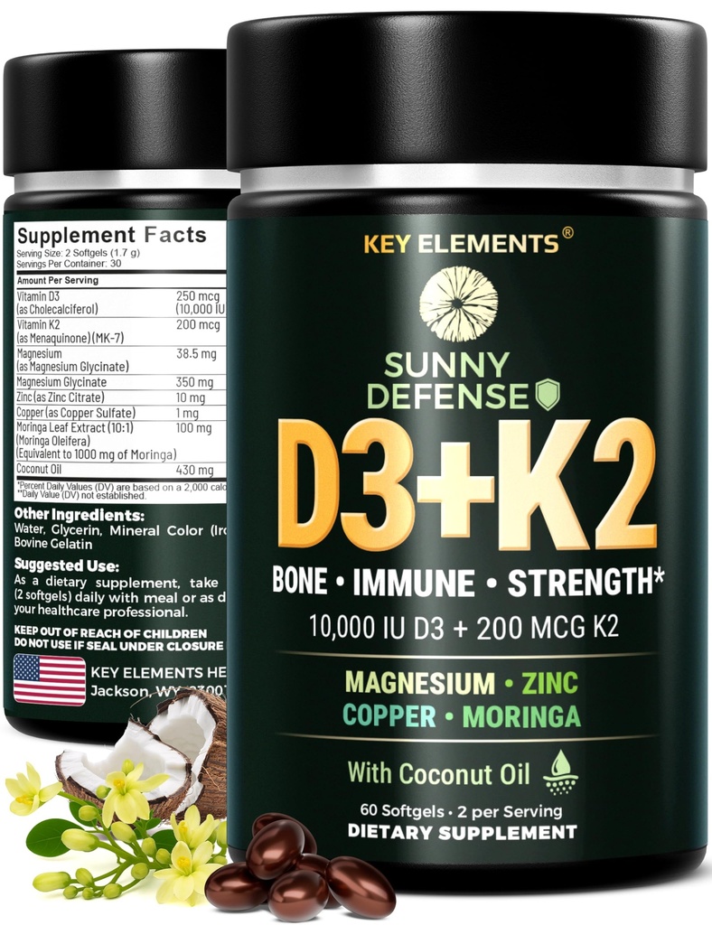 KEY ELEMENTS D3 K2 Vitamina 10.000 UI con Magnesio Glycinate 350mg, Zinco e Moringa - Bone & Supporto immunitario - Vitamina D con K2 MK-7 200mcg - Non OGM, Softgel senza glutine