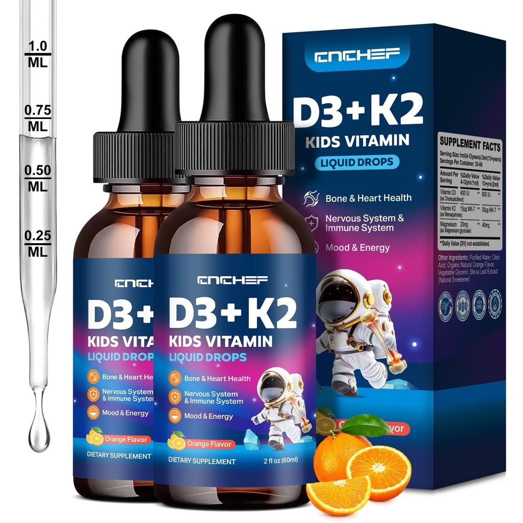 2PCS vitamina D3 K2 Gocce per bambini - Supplemento liquido con magnesio per l'assorbimento del calcio, salute comune, denti e cuore - Non OGM, Vegan, arancione, 4 Fl Oz - Bambini Età 4+