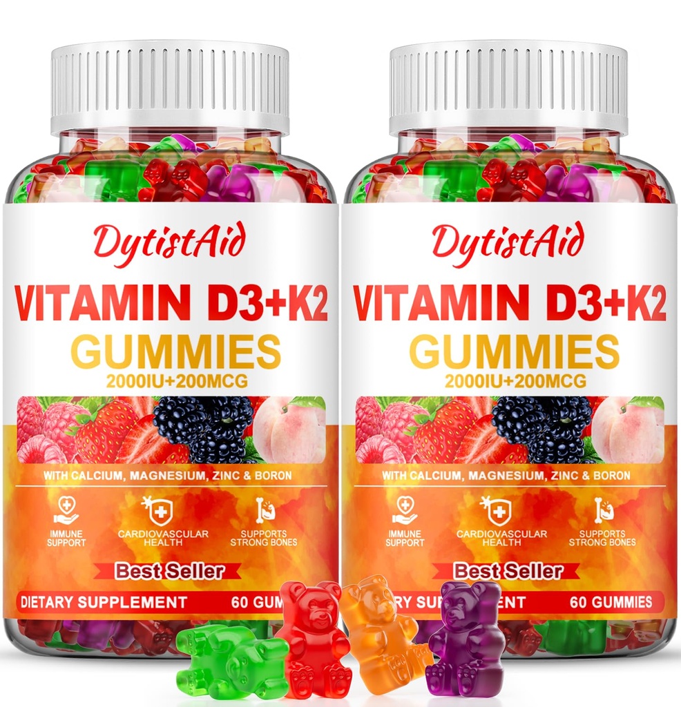 Vitamina D3 + K2 Gummies 2000 IU con Calcio + K2 (MK-7), Citrato di magnesio, Vitamina C, Zinc & Boron – Bone, Supporto Cuore e Immune – Vegan, Non OGM, Gelatin-Free, Supplemento senza zucchero, 120 Gummies