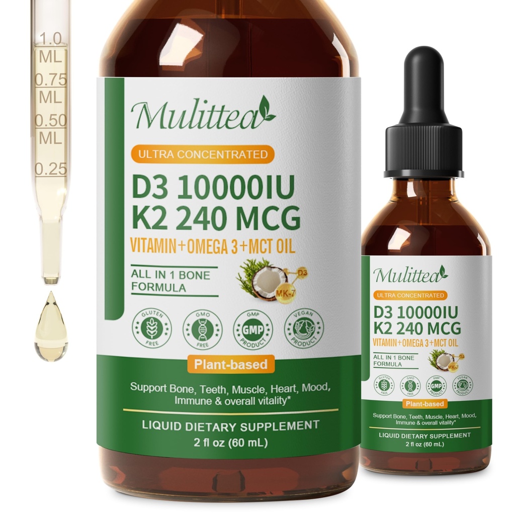 2 Confezione Vitamina Organica D3 K2 Liquid 10000 IU w/ Vegan Omega-3 & Coconut MCT olio - Supplemento massimo di vitamina D, nessun filler, non OGM K2 come MK7 per ossa, muscoli e ad alto assorbimento-2 Fl Oz