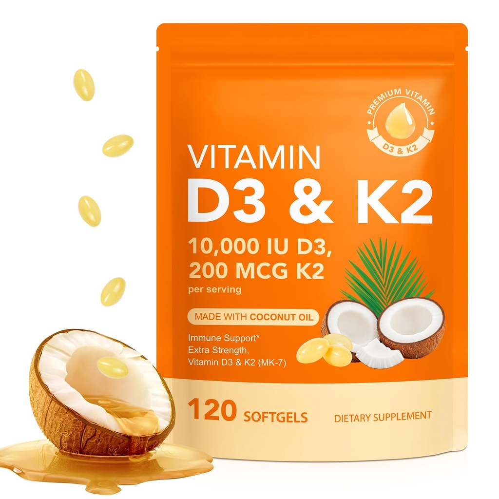 Vitamina D3 K2 10000 IU con 200mg, Vitamina D3 e K2 Capsule, 2 in 1 Vitamine D & K Complesso con olio di cocco vergine, 120 Softgels, Facile da ingoiare & Non OGM