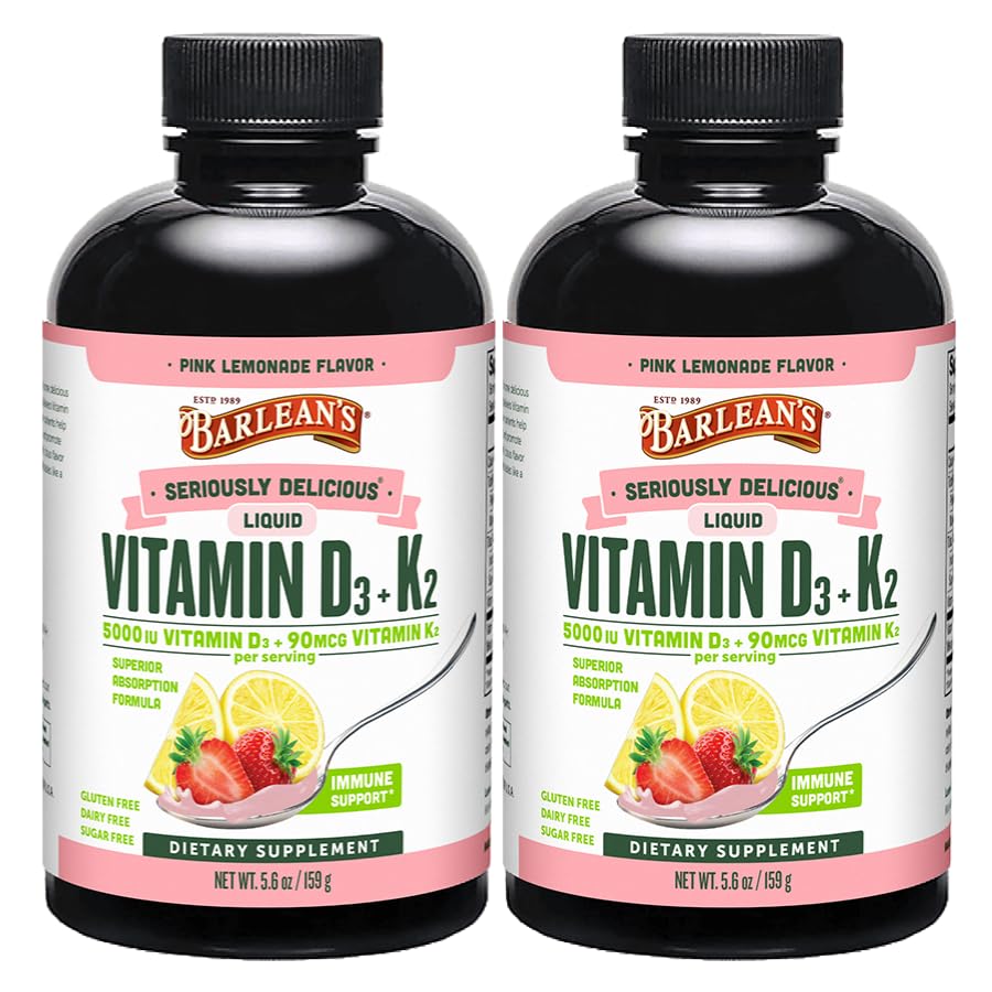 Confezione di 2 Vitamine D3+K2 Integratore Liquido per Bambini e Adulti, 5000 IU Vitamina D, Limonata Rosa, Non OGM, Glutine e Dairy Free, 5,6 oz