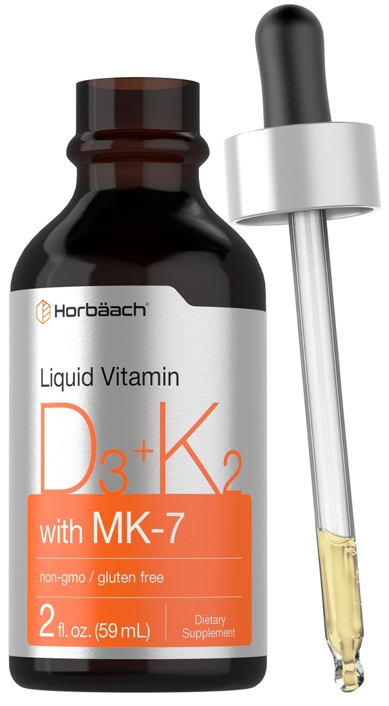 Horbäach Vitamina D3 K2 Gocce liquide | con MK7 | 2 Fl Oz | Vegetariano, Non OGM, Integratore senza glutine