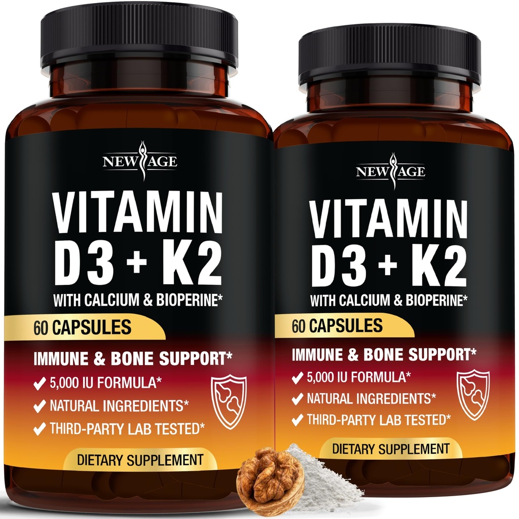 NUOVO AGE Vitamina D3 5000 IU + K2 MK-7 100 mcg - 2-in-1 Bone, Immune & Heart Support, Facile da ingoiare, Non OGM - 120 capsule