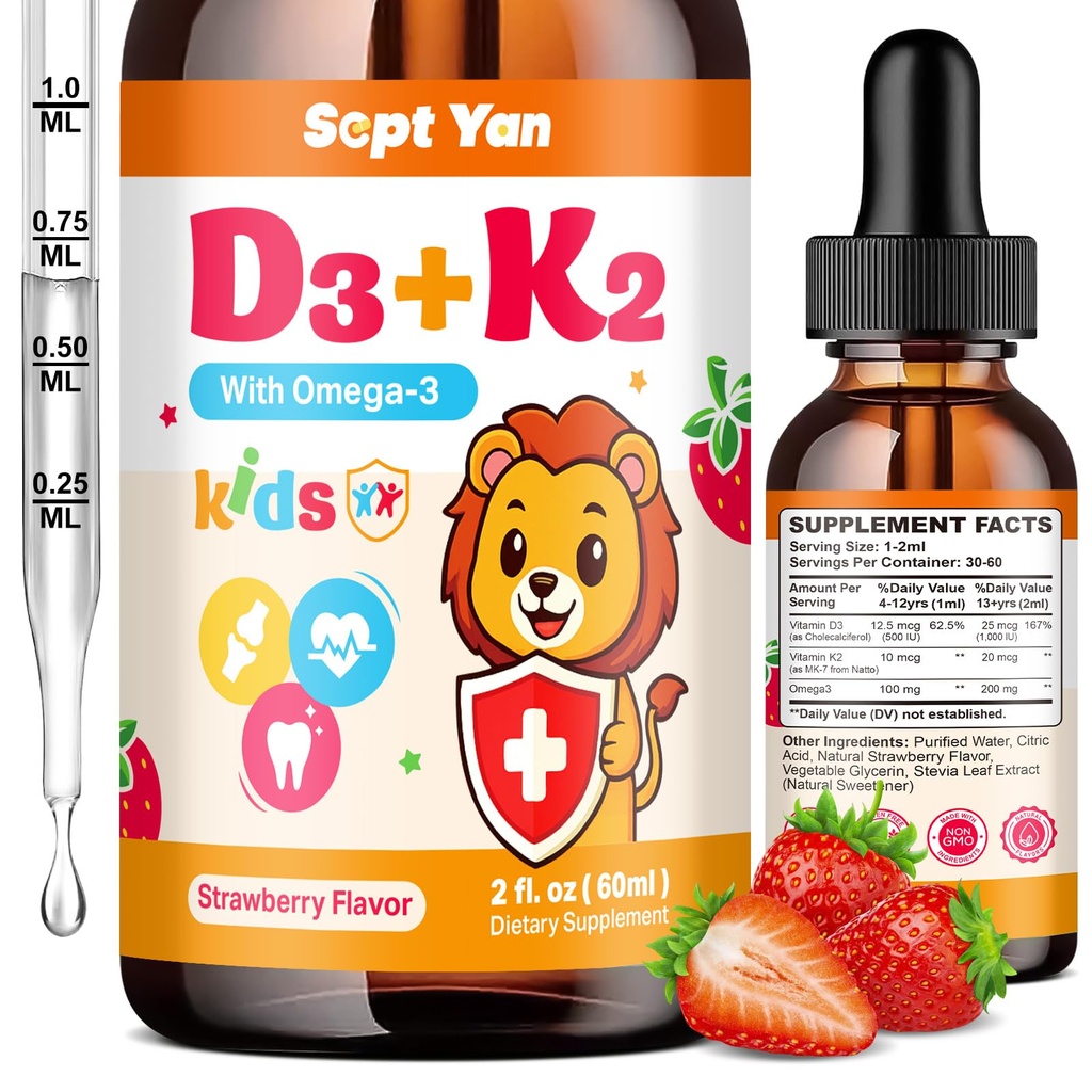 Gocce di vitamina D3 K2 - K2 D3 Integratore di vitamina 1000 IU con Omega 3, Supporto Bone, Mood, Teeth & Immune - Vitamina D3 K2 (MK-7) Gocce liquide per adulti e bambini, Zucchero Free Fragola Flavor 2 FL OZ