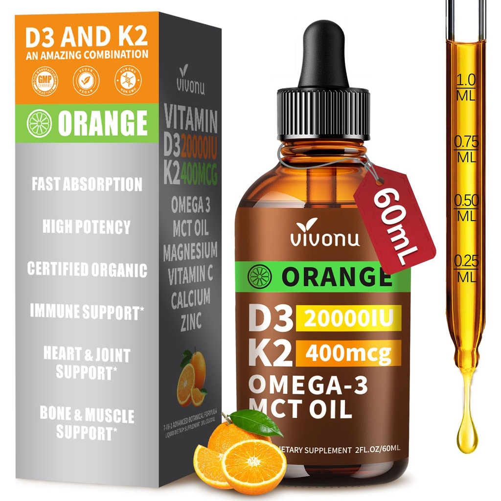Vitamina D3 K2 Gocce, D3 20000 IU & K2 come MK-7 400mcg con Magnesio, Calcio, Zinco & Omega 3 per Immune*, Mood*, Bone* Salute, Arancione Flavor Vitamina D Gocce Liquide Supplemento 1 Bottiglia / 2 once