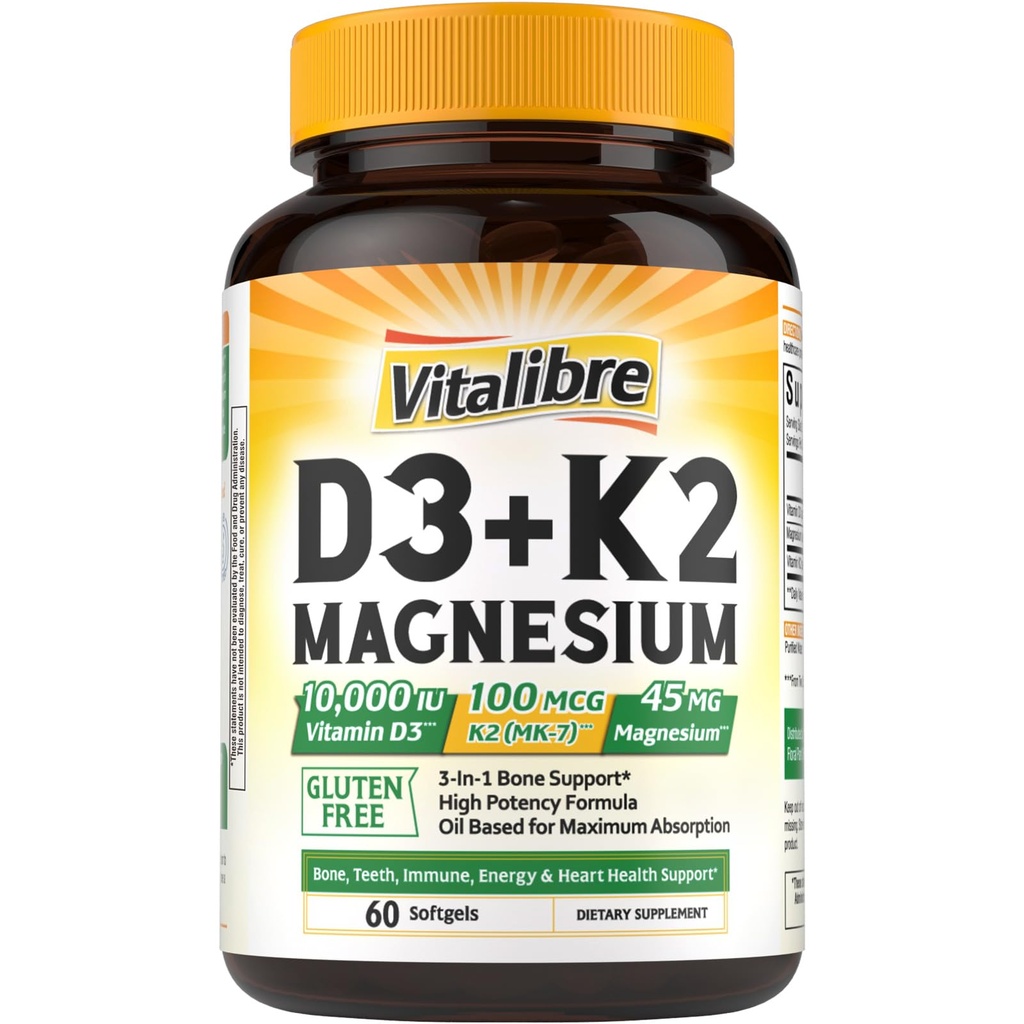 Vitalibre Vitamina D3 K2 + Magnesio Supplemento, 10000 IU Vitamin D3 & 100 mcg K2, con Magnesio Glycinate, Bone, Teeth, Immune & Energy Support, Alto assorbimento, Non OGM, Facile da ingoiare, 60 Softgels