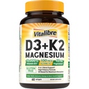 Vitalibre Vitamina D3 K2 + Magnesio Supplemento, 10000 IU Vitamin D3 & 100 mcg K2, con Magnesio Glycinate, Bone, Teeth, Immune & Energy Support, Alto assorbimento, Non OGM, Facile da ingoiare, 60 Softgels