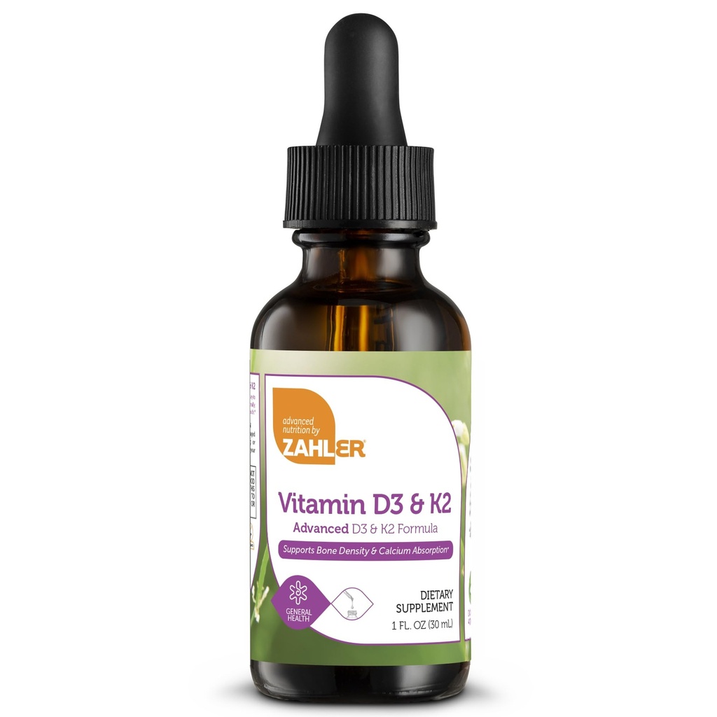 Zahler Vitamina D3 K2 Gocce, liquido D3 con K2, 1000IU di vitamina D e 1000mcg di K2 per porzione, Supporta la densità di ossa e l'assorbimento di calcio, 1Fl Oz.