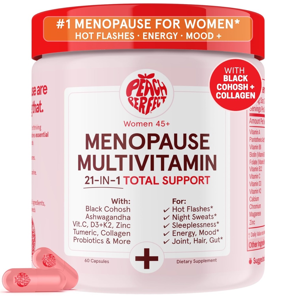 Peach Perfect Menopause Multivitamin | 21 Vitamine per le donne 45+ | Cohosh nero, Ashwagandha, Vitamina D3+K2, Probiotics & Collagen | Supporto per Flash caldi, Mood Swings, Joint & Skin Health | 30 SVG