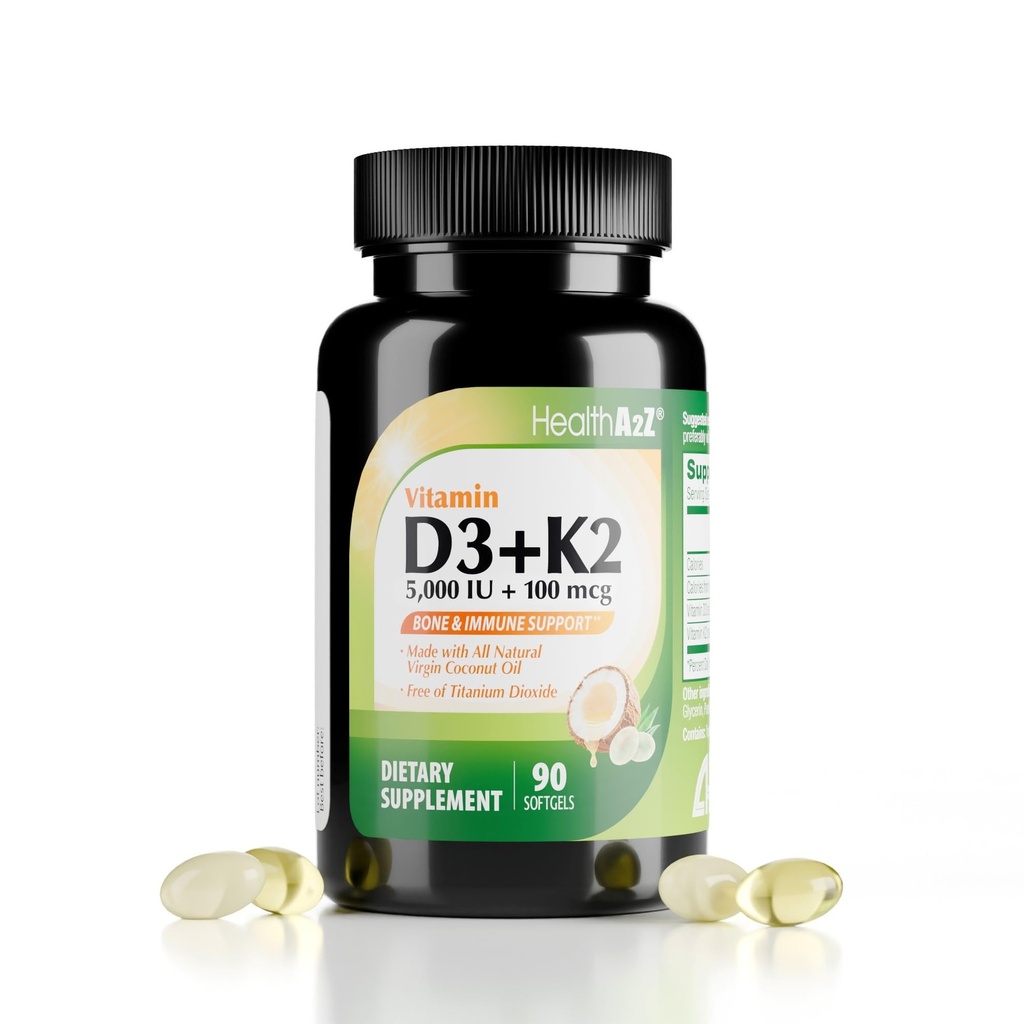 Vitamina D3 (5.000 UI) + K2 (MK-7) Realizzata con olio di cocco vergine (MCT naturali) - 90 Softgels (pacchetto di 1) - Aiuta l'assorbimento del calcio per le ossa, i denti, l'umore e la salute immunitaria