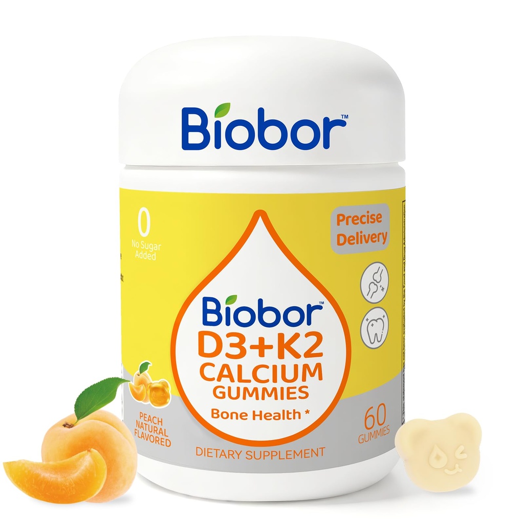 Biobor Vitamin D3 K2 Gummies with Calcium, 2000 IU D3 & 200 mcg K2(MK-7) & 200 mg Calcium, No Sugar Added, Supports Healthy Bones & Immune Health, Gluten Free, GMO Free, Yellow Peach, 60 Count