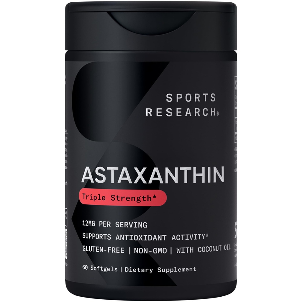 Astaxantina 12mg w/olio di cocco organico - Supplemento antiossidante per il supporto per la salute della pelle e degli occhi* - Soia libera · Non OGM · Gluten Free - 60 Softgels