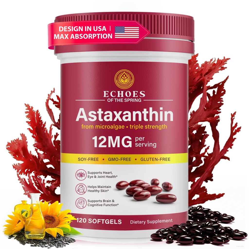 Astaxantina 12mg – Astaxantina naturale di Haematococcus Pluvialis, Supplemento antiossidante a tripla resistenza per occhio, pelle, Joint & Immune Support (120 Count (Pack of 1))