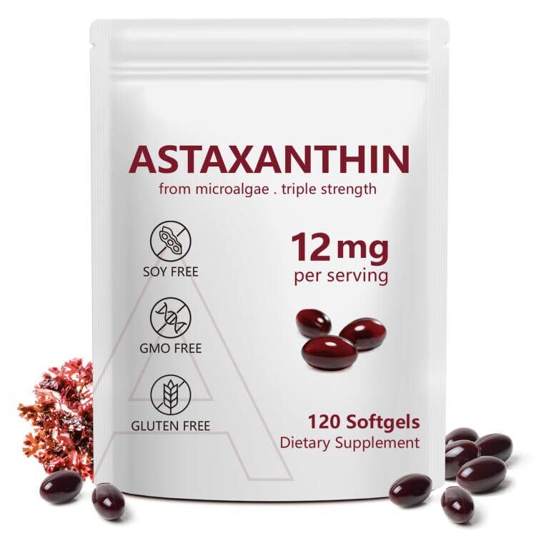 Astaxantina 12mg, 120 Softgels, 4 mesi di fornitura, Premium Astaxantina Antiossidante Integratori con Attività Antiossidante, Supporta Occhio, Immune, Joint, Salute Della Pelle, Circolazione Interna