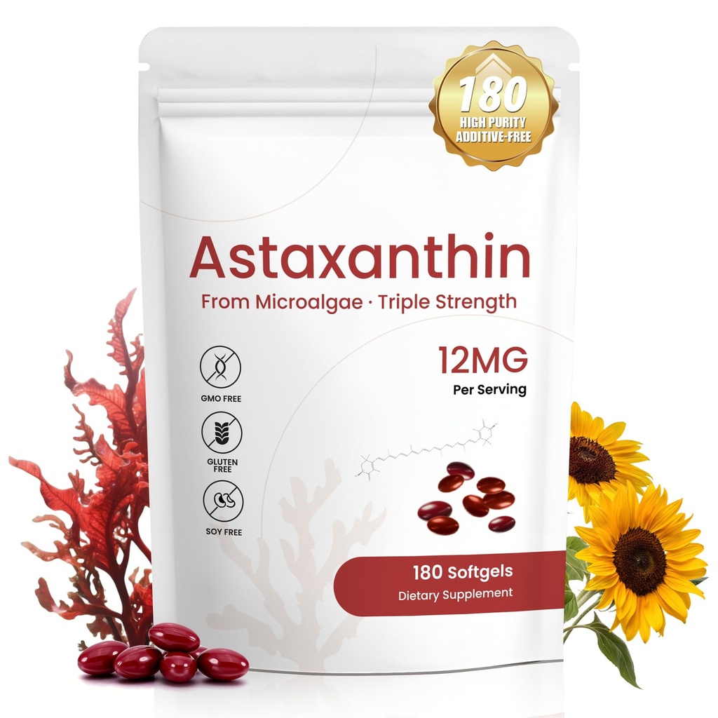 Integratori di astaxantina 12mg, 180 Softgels, 6 mesi di alimentazione | Antiossidante naturale da Microalghe fresche | Più Supporti Occhio, Pelle, Salute comune, Non OGM