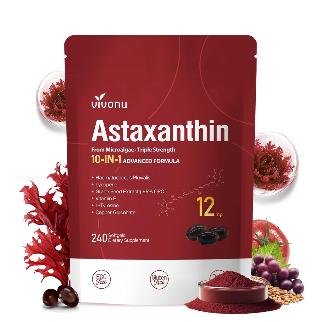 10 in 1 Astaxantina 12mg Integratori, 4 mesi di fornitura, Astaxantina Antiossidante da fresco Haematococcus Pluvialis, Contiene Lycopene, Grape Seed, Vitamina E, & Più Supporti Occhio, Giunti, Salute della pelle