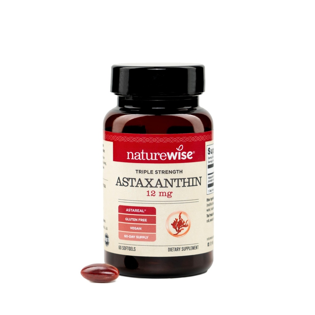 NatureWise Triple Strength Astaxanthin 12mg con AstaReal® - Vegan Antiossidante Supplemento con olio di cocco biologico - Gluten certificato NSF Gratuito, Non OGM - 60 Softgels[60 Day Supply]