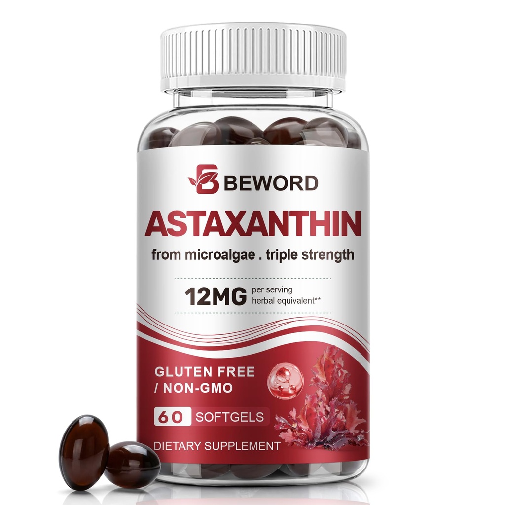 BEWORD Astaxanthin 12mg con olio MCT, 60/120 Softgels 2-Month Alimentazione | Premium Antiossidante Integratori | Microalghe naturali, Tripla resistenza | Supporta la pelle & Eye Health | Non OGM, Gluten & Soy-Free