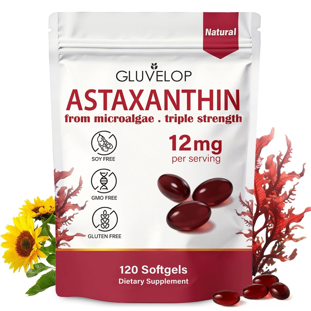 Astaxantina 12mg, Integratori Antiossidanti Premium Astaxantina, Supporta Occhio, Pelle, Immune, Circolazione Interna, Fresco Microalgae Fonte, Tripla Forza, Non OGM, Alimentazione 4 Mesi, 120 Softgels