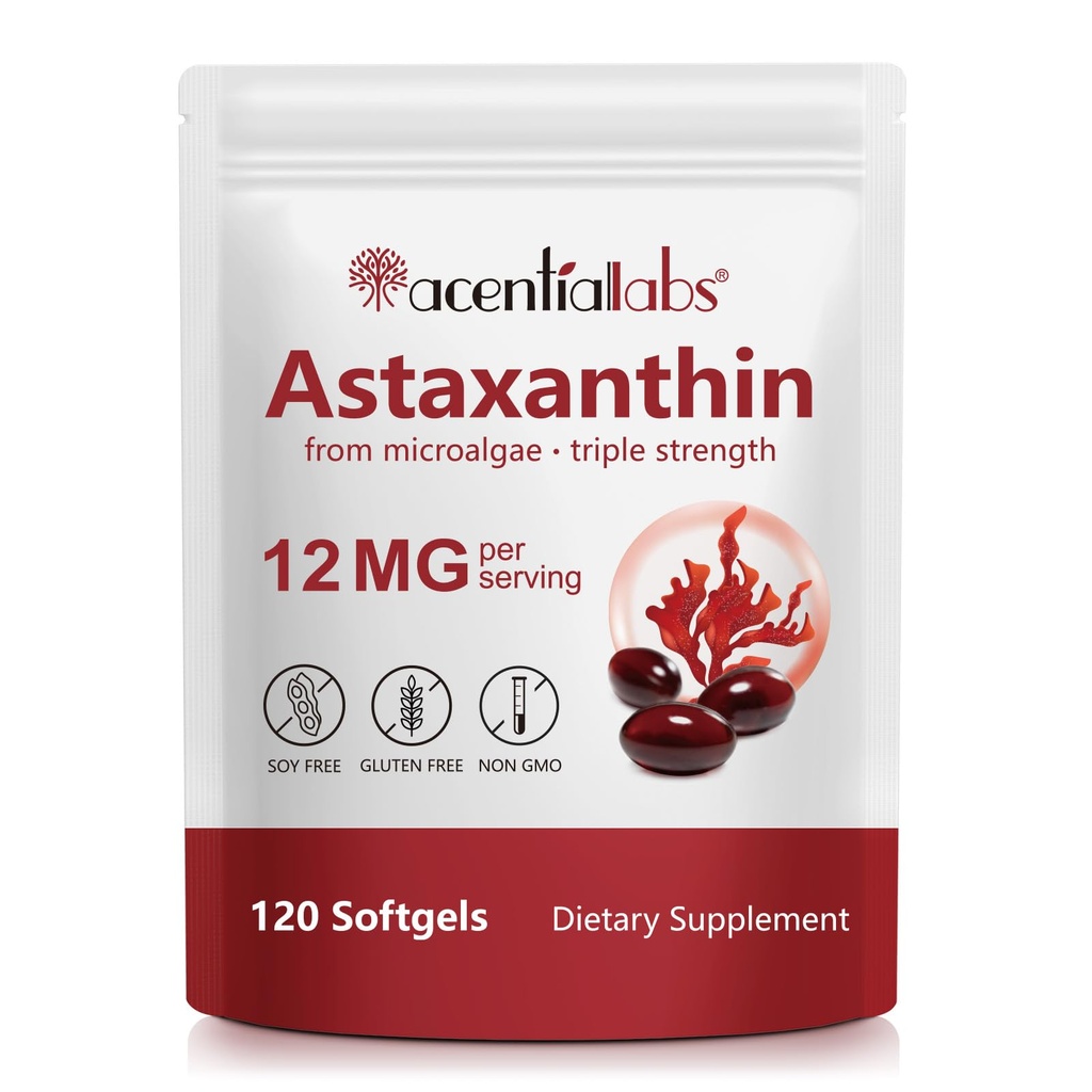 Integratori di astaxantina 12mg - 120 Softgels | Antiossidante Naturale Premium da Microalgae | Occhio, Pelle, Cervello, Giunto, Cuore e Assistenza Sanitaria Immune | Non OGM, Senza Glutine