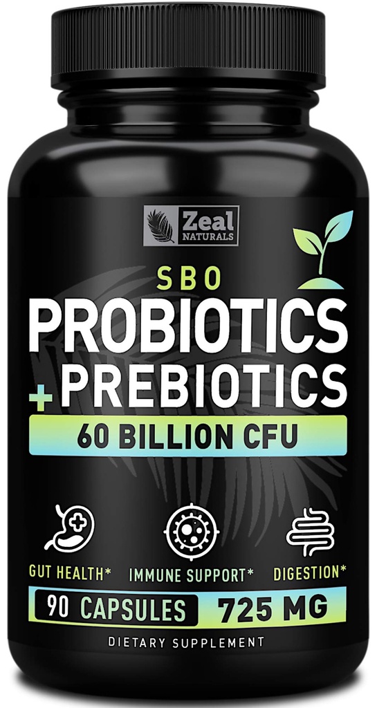Probiotici e prebiotici + Probiotici SBO (60 miliardi di CFU | 90 capsule) Acidophilus Probiotico w. Saccharomyces Boulardii, Bifidobacterium + Spore Probiotici & Organic Sprouted Prebiotic Fiber Blend