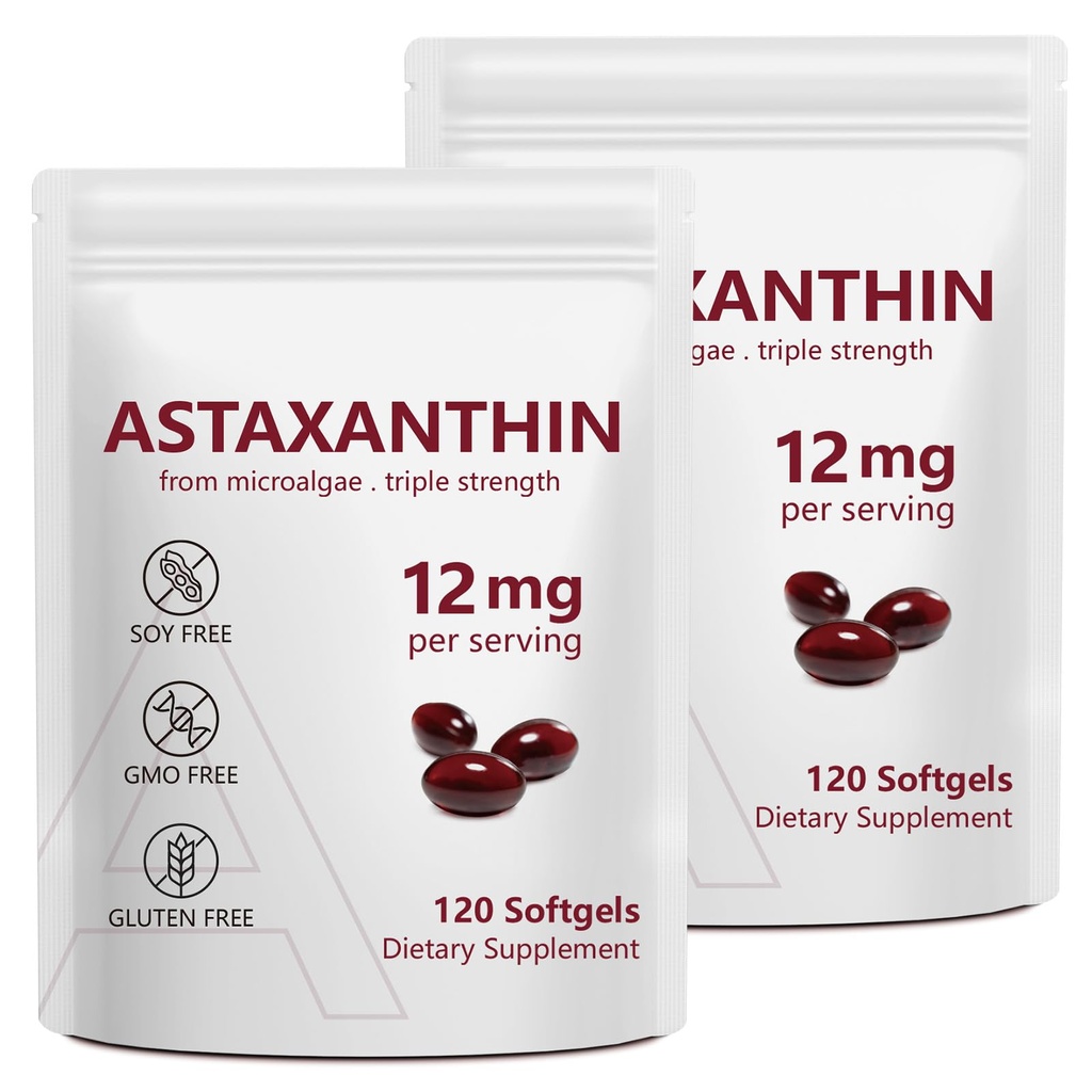 2 Pack Astaxantina 12mg, Premium Astaxantina Antiossidante Integratori con Attività Antiossidante, Supporta Occhio, Immune, Salute Della Pelle, Circolazione Interna