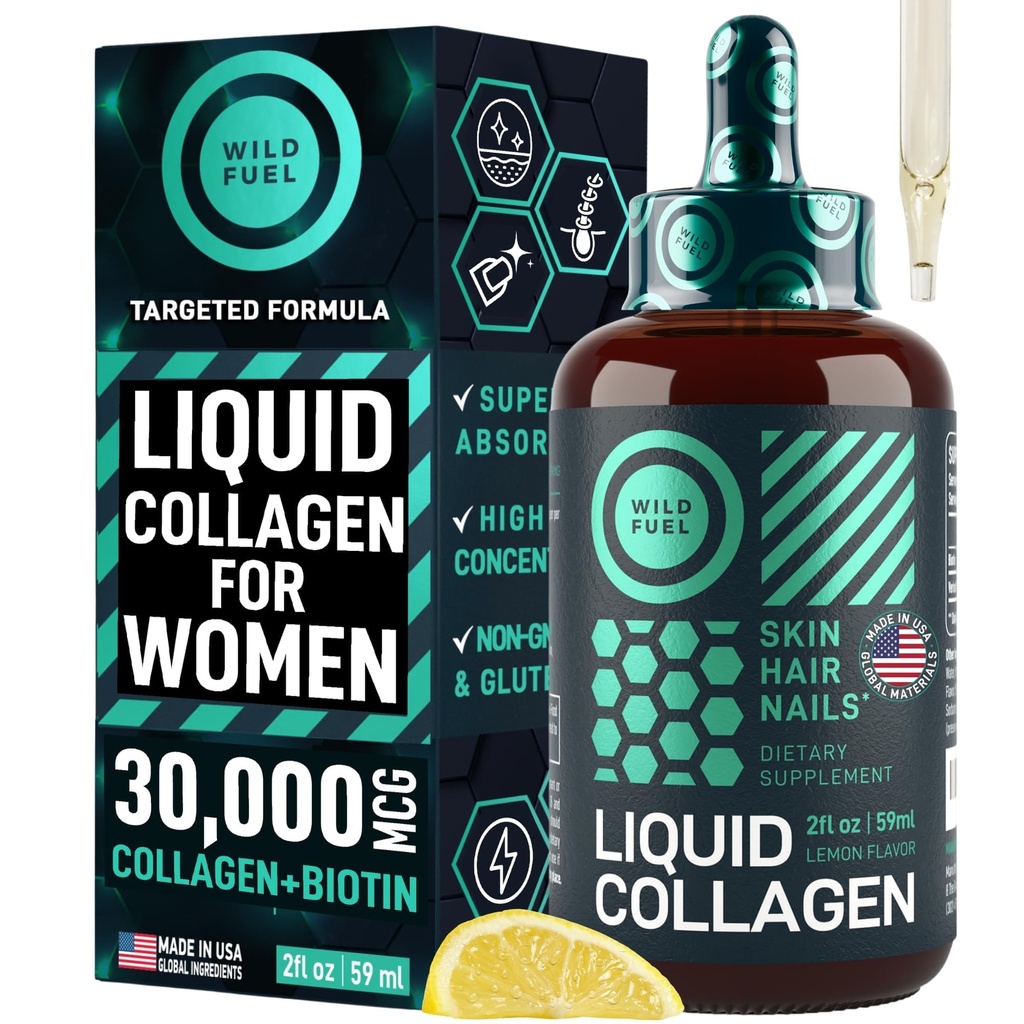 Peptidi di collagene liquido WILD FUEL con vitamine della biotina per la pelle e le unghie dei capelli - 30.000mcg Collage liquido per le donne e gli uomini Plus Biotina - Limone Flavor, fino a 2-Month - 2 oz