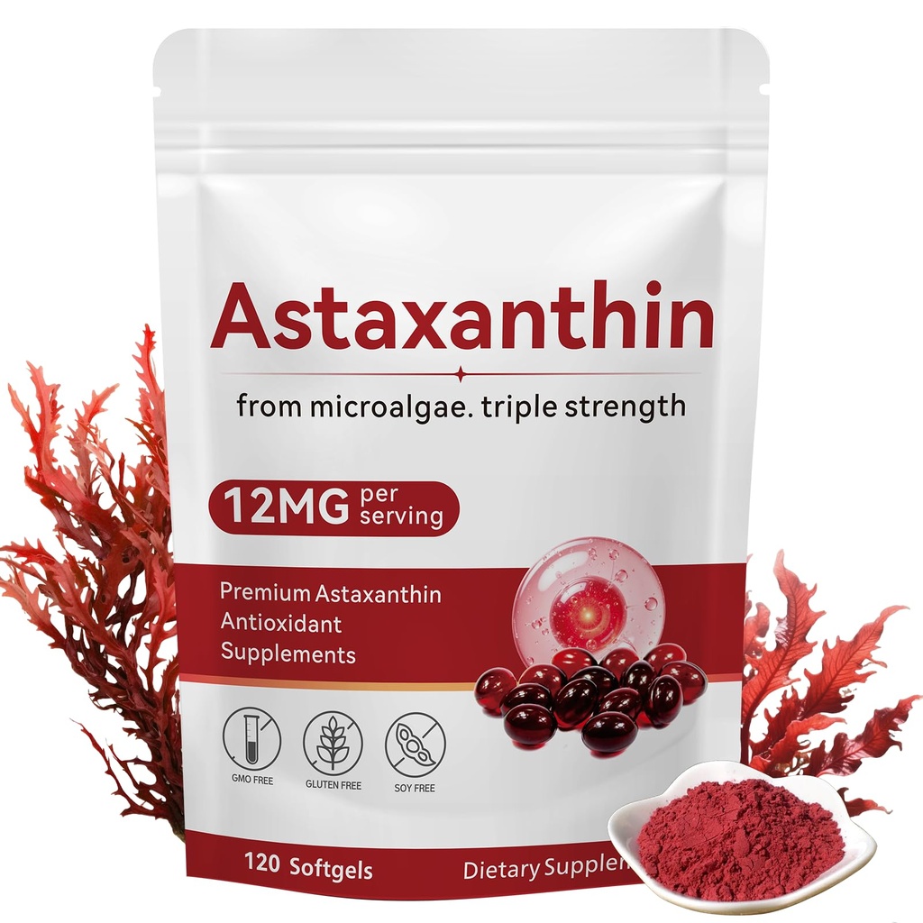 Astaxantina 12mg, 120 Softgels, Integratori Antiossidanti Premium Astaxantina con Attività Antiossidante, Supporta Occhio, Salute Della Pelle, Immune, Circolazione Interna