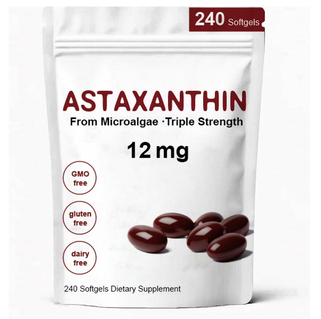Astaxantina 12mg, Integratori Antiossidanti Premium Astaxantina con Attività Antiossidante, Supporta Occhio, Immune, Salute Della Pelle, Circolazione Interna-240 Softgels