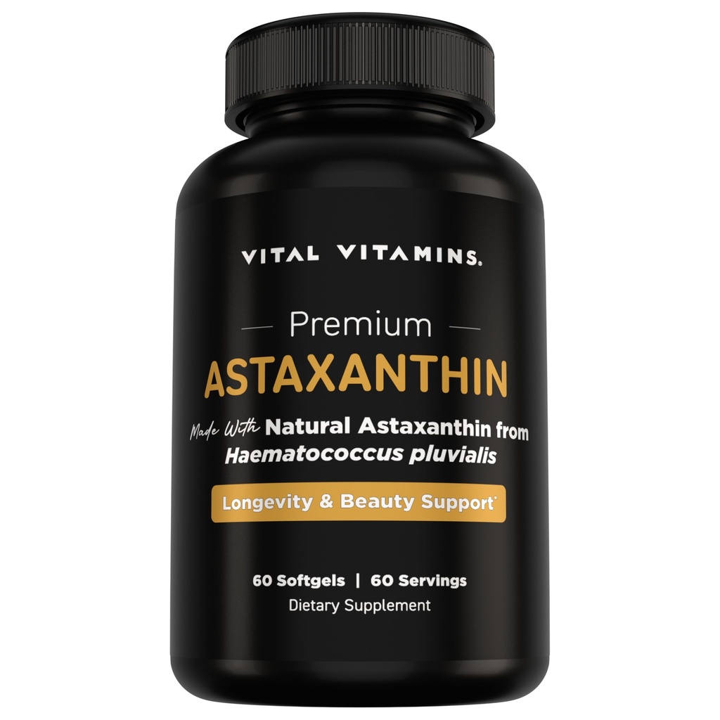 Vitamine vitali Astaxanthin 12mg Softgels - Realizzate con Astaxantina naturale - Supplemento per promuovere l'idratazione della pelle, Elasticità - Difende le cellule contro il danno quotidiano - Vegan, Made in USA - 60 Gel Morbidi