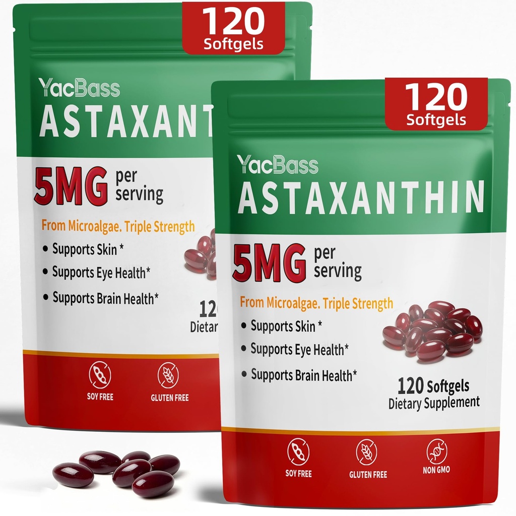 2Pack Astaxanthin Supplementi 12mg - Astaxantina Premium per occhio, cervello, pelle e supporto immunitario, Microalgae Source, 240 Softgels