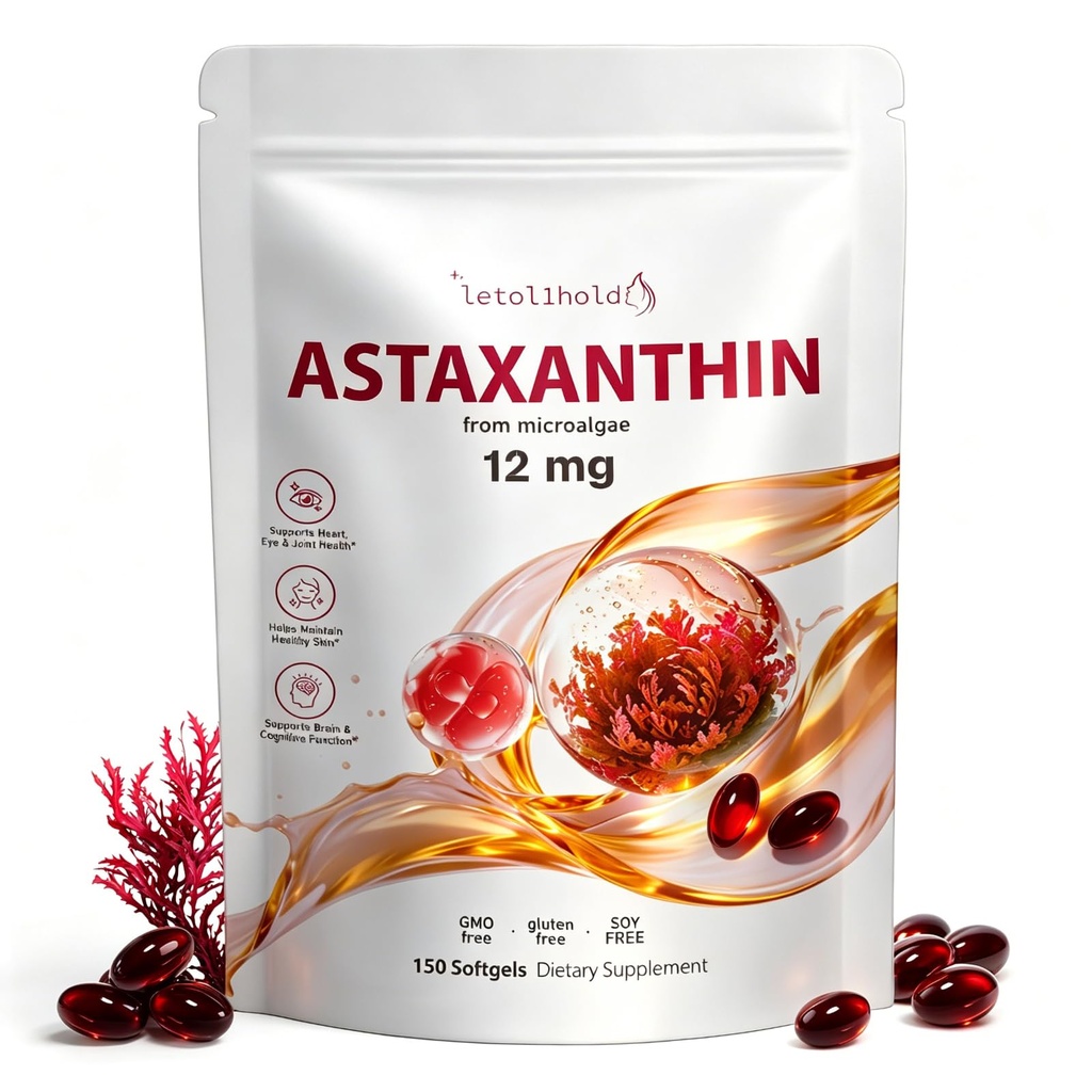 Astaxanthin 12mg, 150 Softgels - 5 mesi di fornitura, Astaxanthin Supplementi Fonte da Microalghe Fresche, Non OGM, Gluten Free, Facile da ingoiare