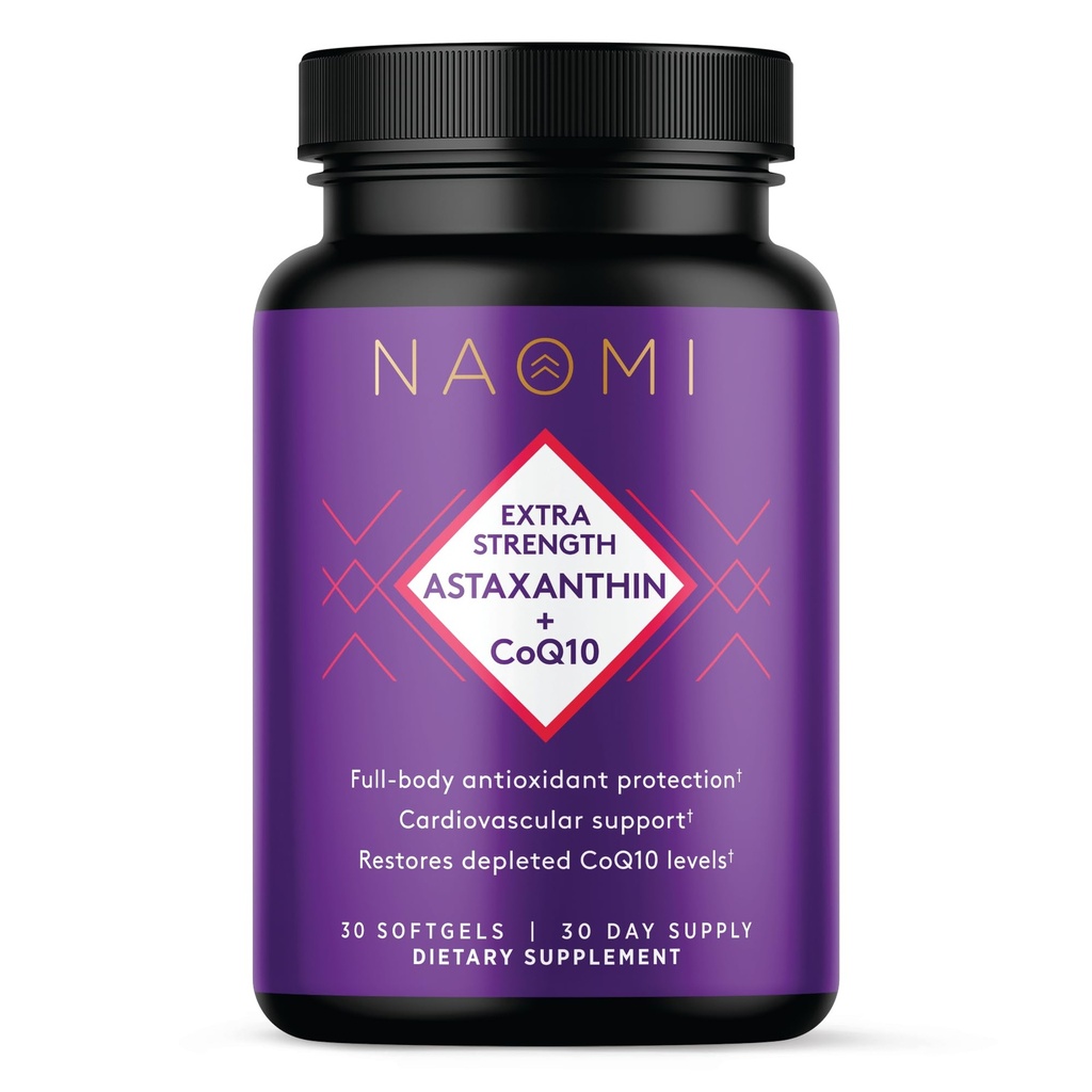 Astaxantina ad alta resistenza NAOMI + CoQ10, Antiossidanti grassi-soluble, Supporto cardiovascolare, Aumenta l'energia, Immune e funzione cognitiva, Ripristino Depleted CoQ10, Alta assorbimento, Alimentazione di 30 giorni