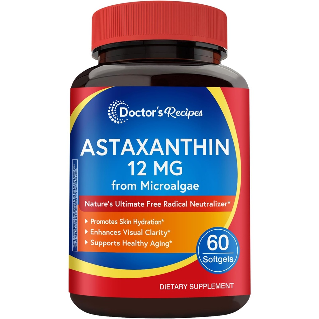 Medico Ricette Astaxantina 12 mg, da fresco Premium Microalgae, massima resistenza, senza glutine, non OGM, Supporta pelle, occhio, Bone & Immune System Health, 60 Softgels