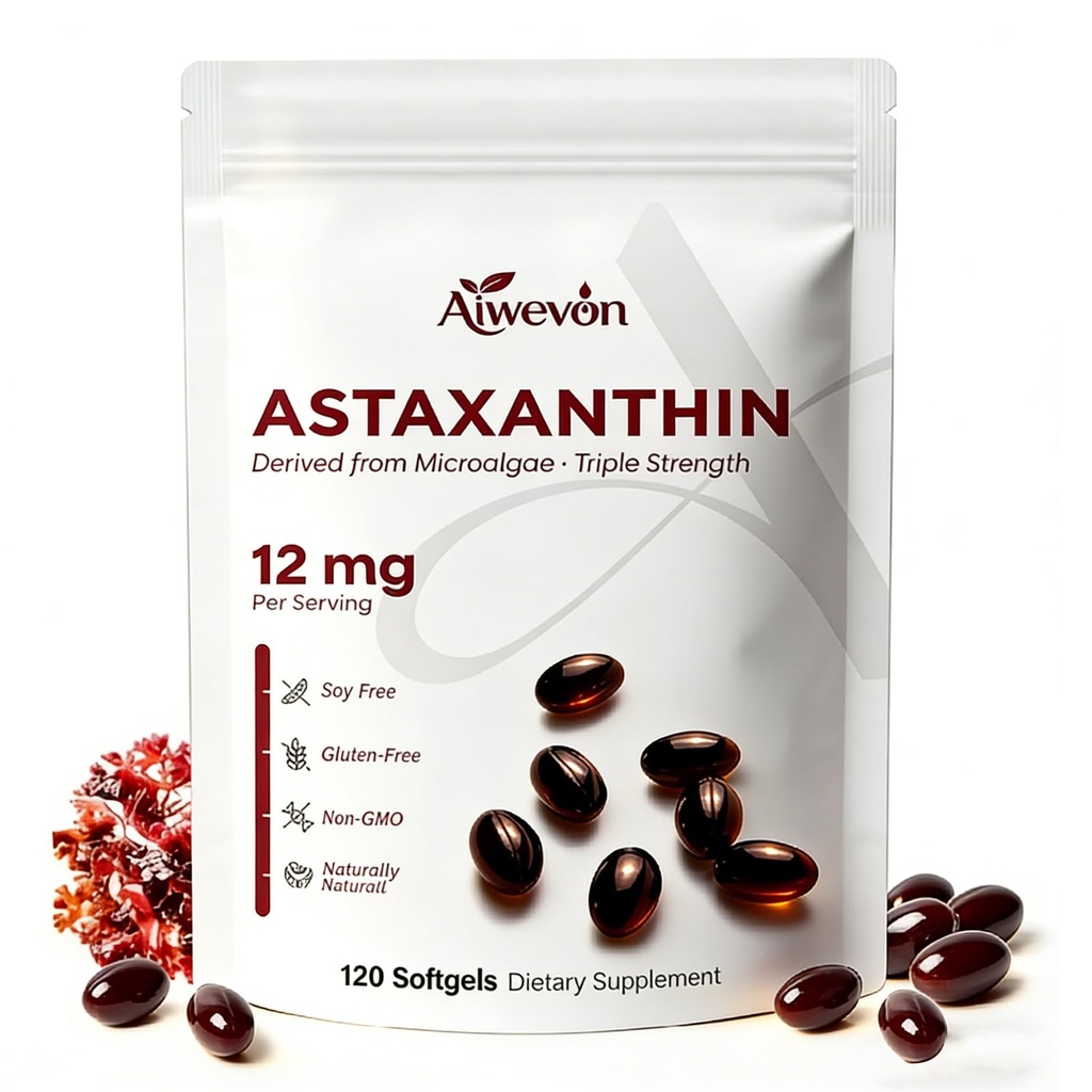 Astaxantina Supplemento 12mg Softgels, Astaxantina naturale da Microalgae con olio MCT per l'assorbimento, Potente supporto antiossidante per la salute articolare del cuore dell'occhio della pelle, senza glutine di OGM, 120 Softgels